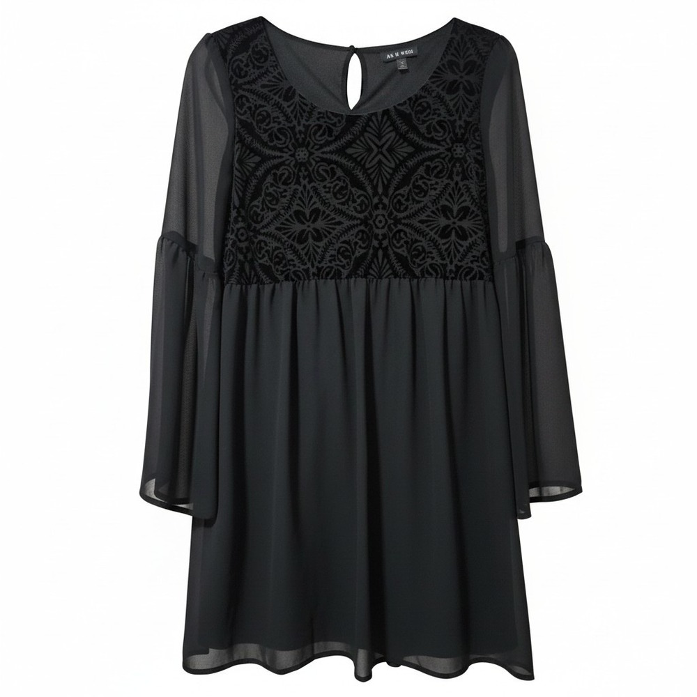 As U Wish Black Velvet Flocked Damask Bell Sleeveā Babydoll Mini Dress XS